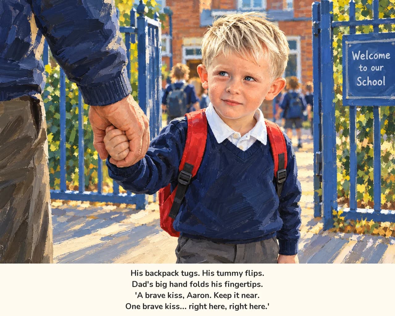Aaron, in his school uniform and red backpack, holds his dad's hand at the school gate under a Welcome to our School sign