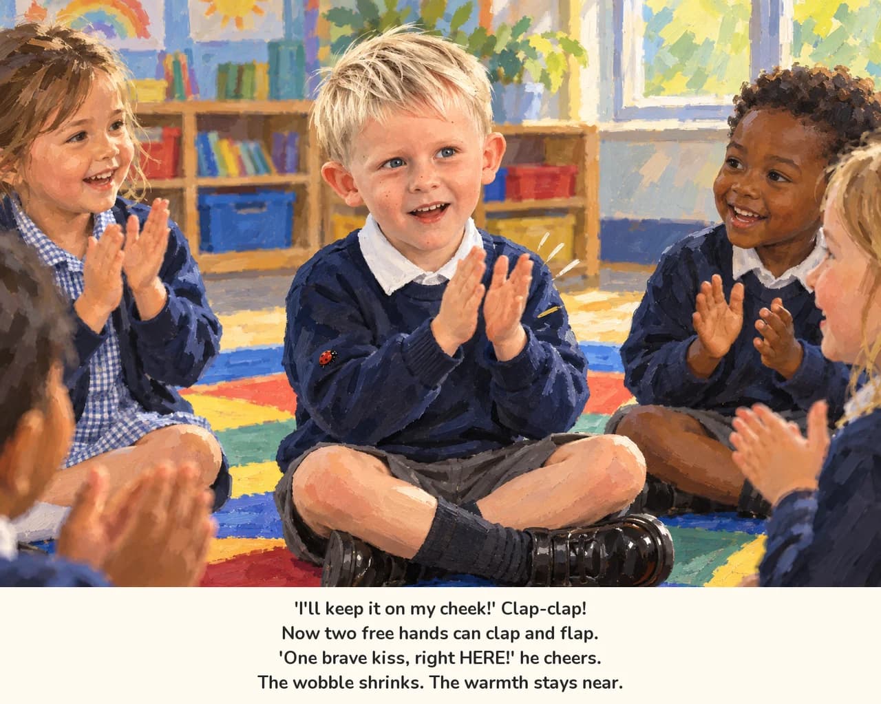 Aaron claps with both hands, beaming, in the circle of classmates
