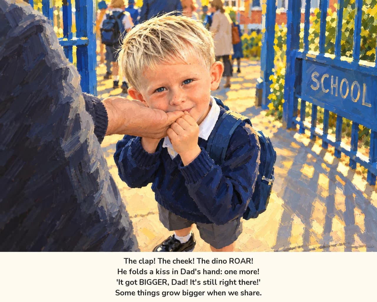 Aaron cups a kiss in his hands at the school gate while his dad's big hand rests near his face