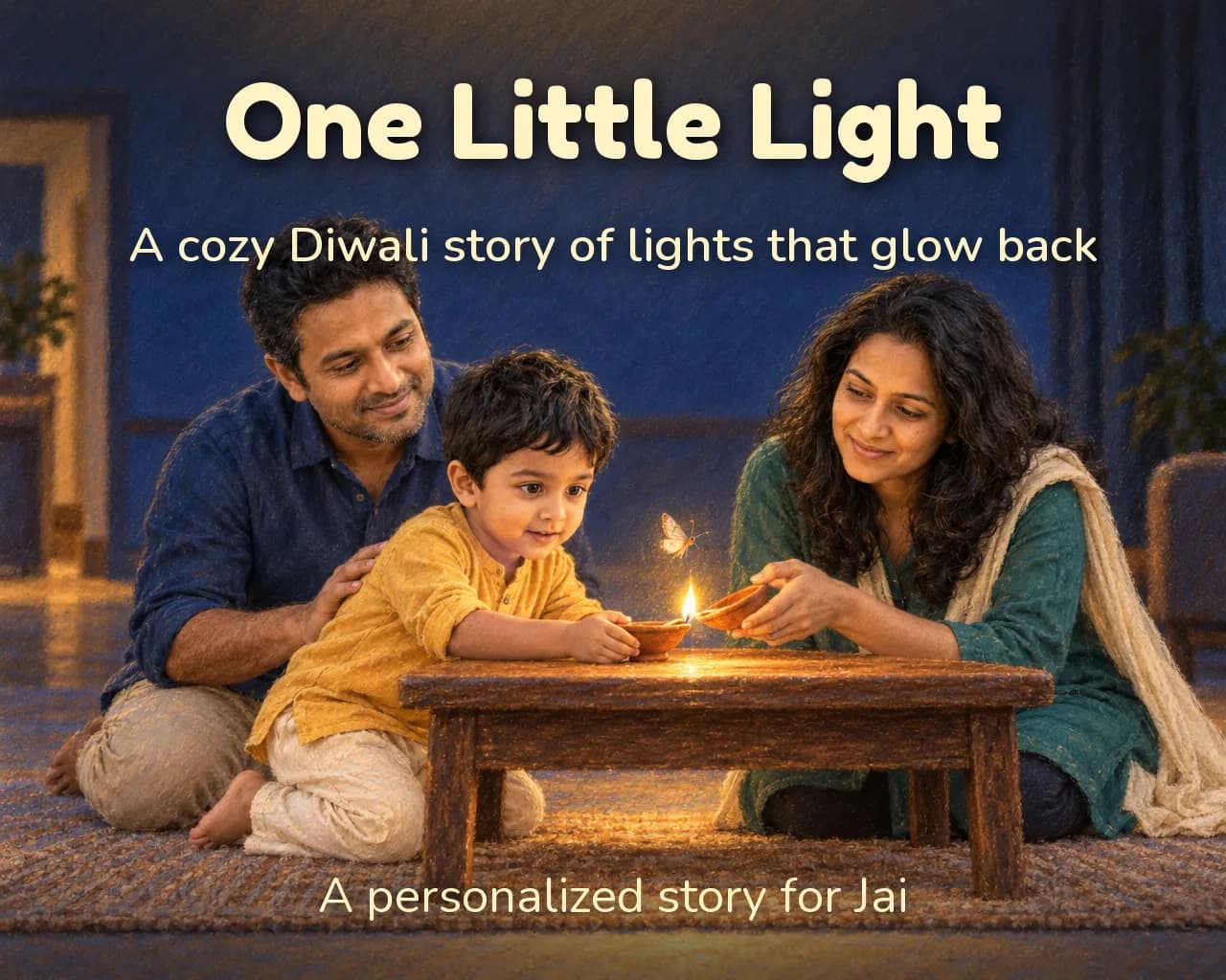 Cover of One Little Light: Jai lights a diya with his mom and dad beside a low wooden table