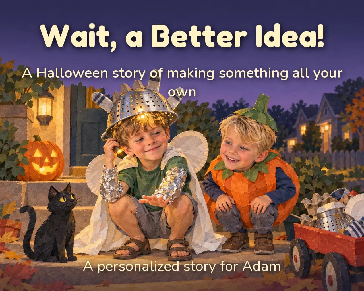 Cover of Wait, a Better Idea!: Adam, in a colander helmet, foil sleeves and a paper-sheet cape, crouches on a porch step beside his friend Liam dressed as a pumpkin, with a black cat and a wagon of costume bits