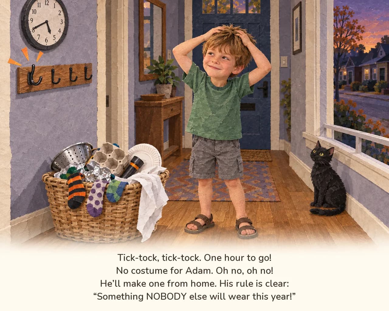 Adam stands in the hallway with his hands on his head, smiling, beside a basket of foil, a colander, socks and egg boxes, with the clock ticking and the black cat watching
