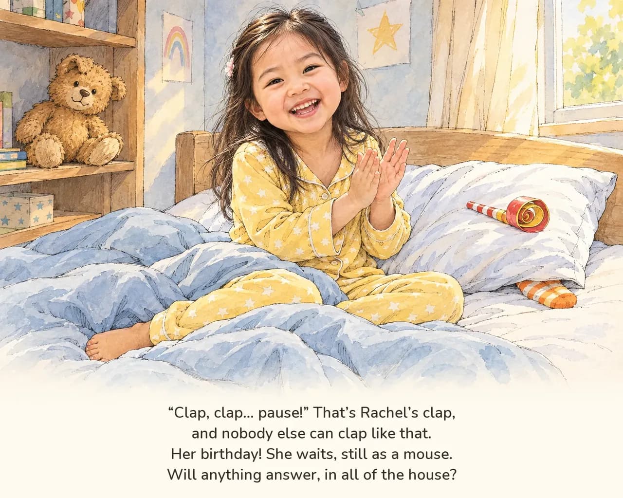 Rachel sits up in bed in her star pyjamas, clapping, while Pom the teddy watches from the shelf