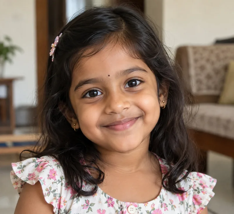 Photo of Pia, a smiling four-year-old girl with long dark hair and a flower clip