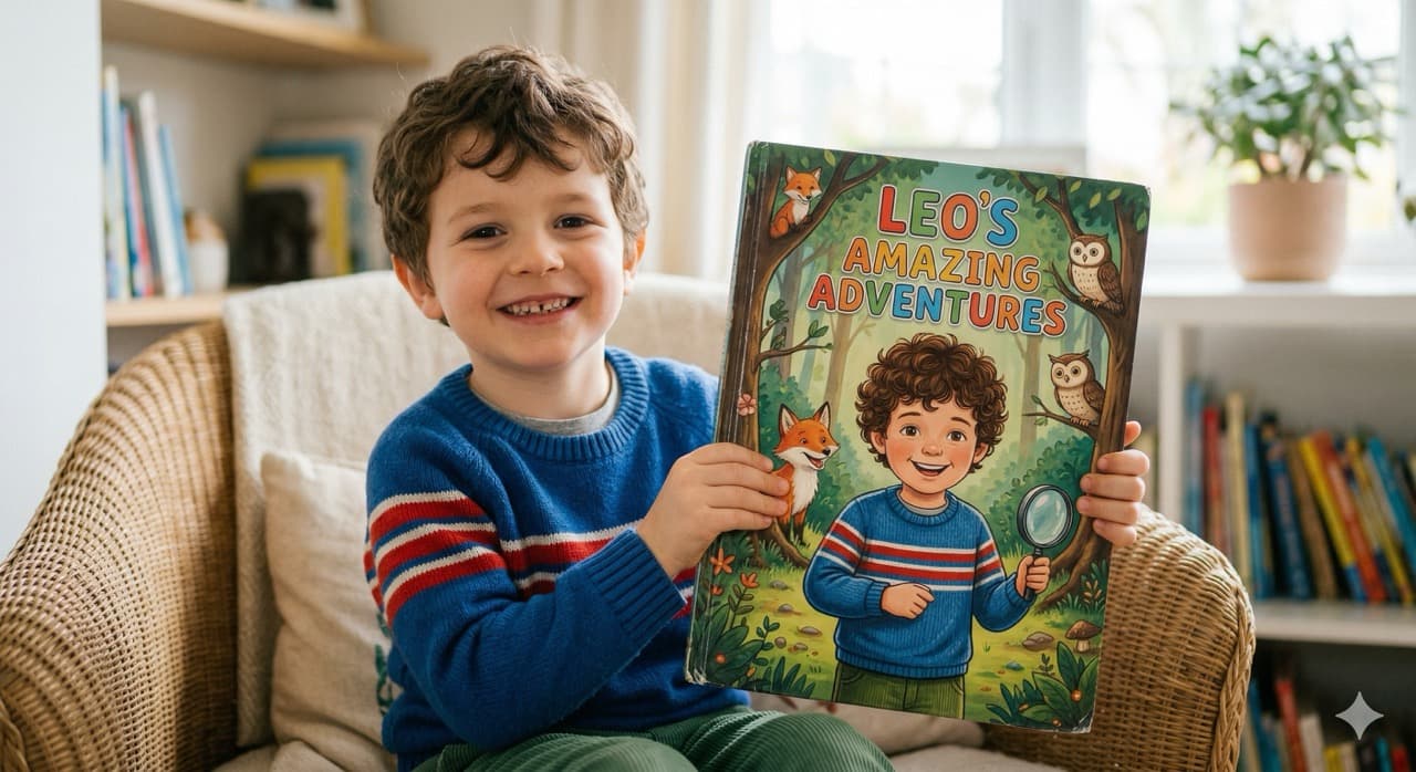 Photo: a child showing a personalised illustrated storybook to a parent