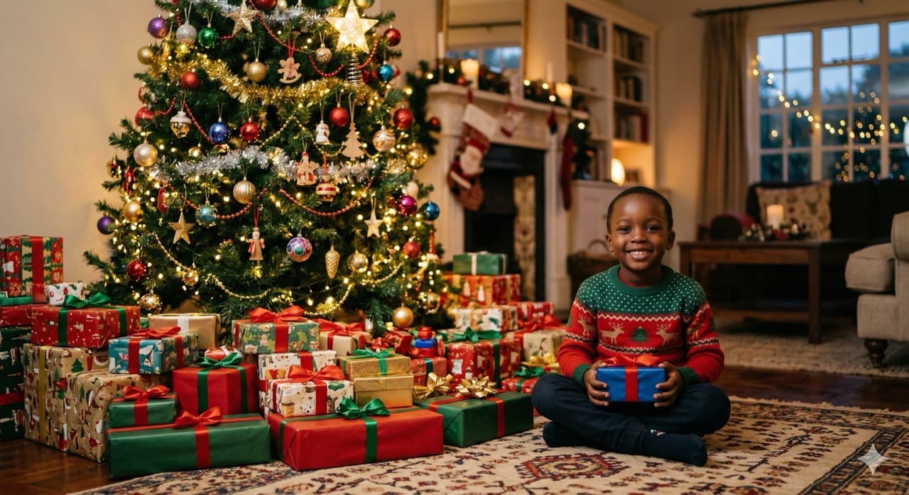 Photo: a grandchild with a pile of Christmas gifts