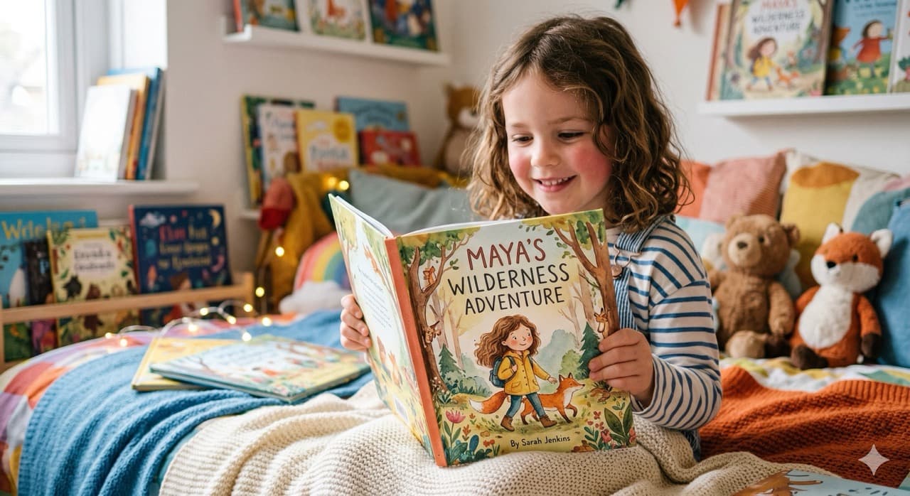 Photo: a child reading a personalised illustrated storybook