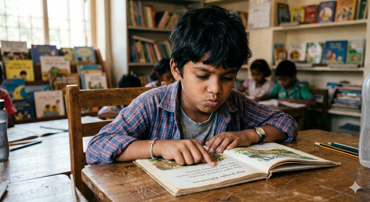 Photo: a child reading with visible concentration, finger tracing along a page
