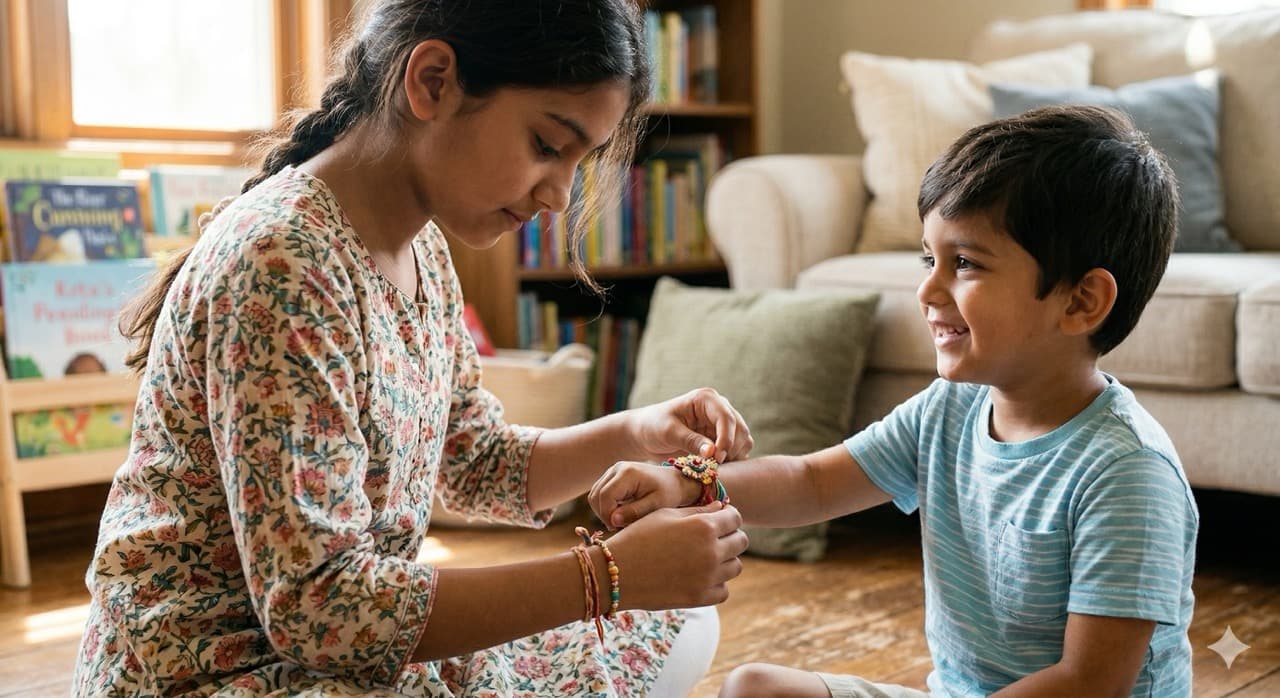 Photo: a sibling tying a rakhi thread on a younger child's wrist — warm, close, candid