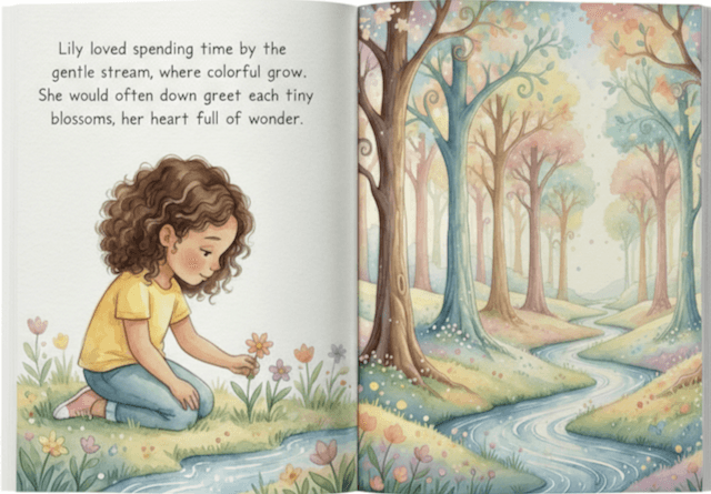 An open children's book showing the girl illustrated in the watercolor style
