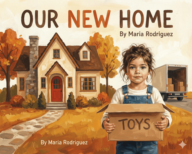 A child holding a box in front of a new home