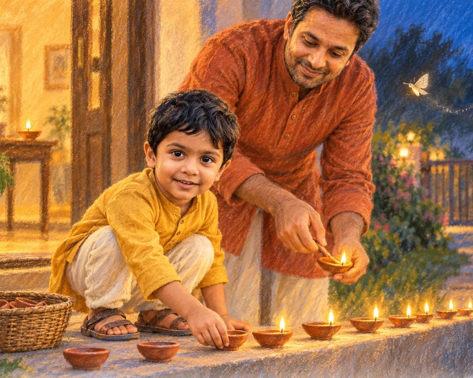 Jai, a little boy in a yellow kurta, crouches on the doorstep setting out clay diyas in a glowing row while his dad lights the next one, in Pastel Portrait.