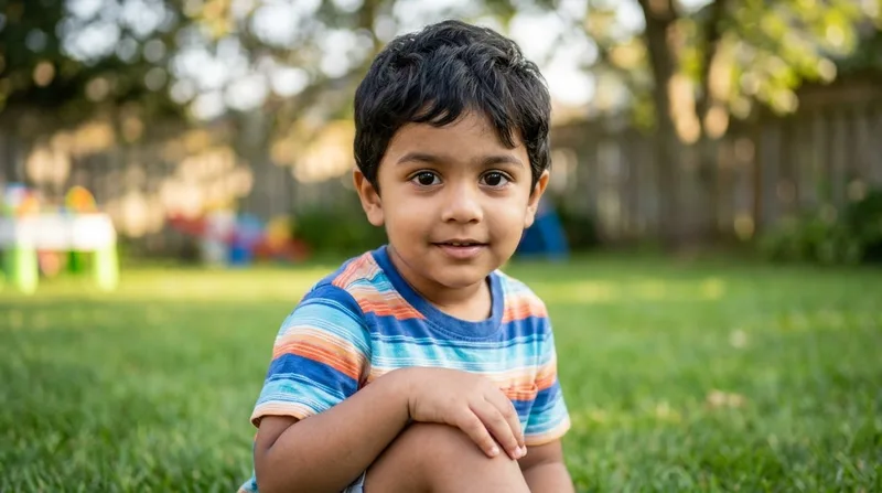 Photo of Jai, a small boy with dark hair in a striped T-shirt, sitting on a lawn