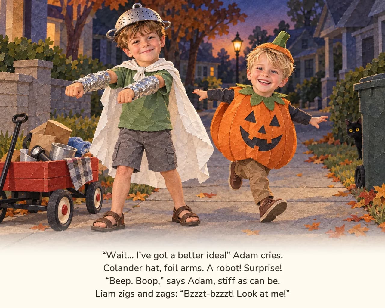 Adam in a colander hat and foil arms does a stiff robot pose beside Liam the pumpkin, who zigs and zags with his arms out