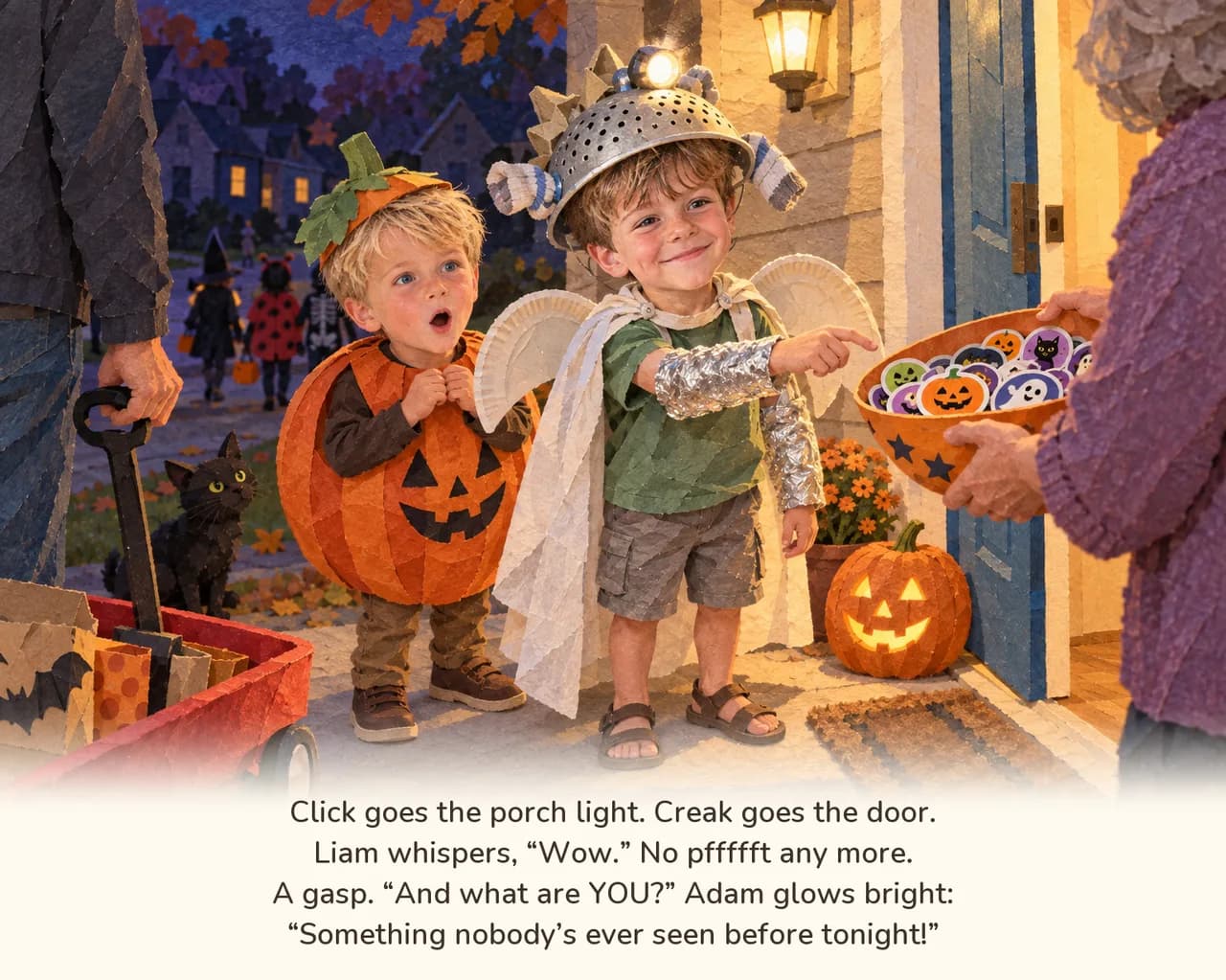 Adam points proudly at his costume as a neighbour holds out a bowl of Halloween stickers and Liam gasps, wide-eyed