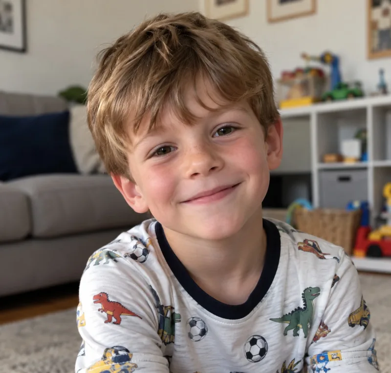 Photo of Adam, a smiling six-year-old boy with tousled light-brown hair, in dinosaur and football print pyjamas