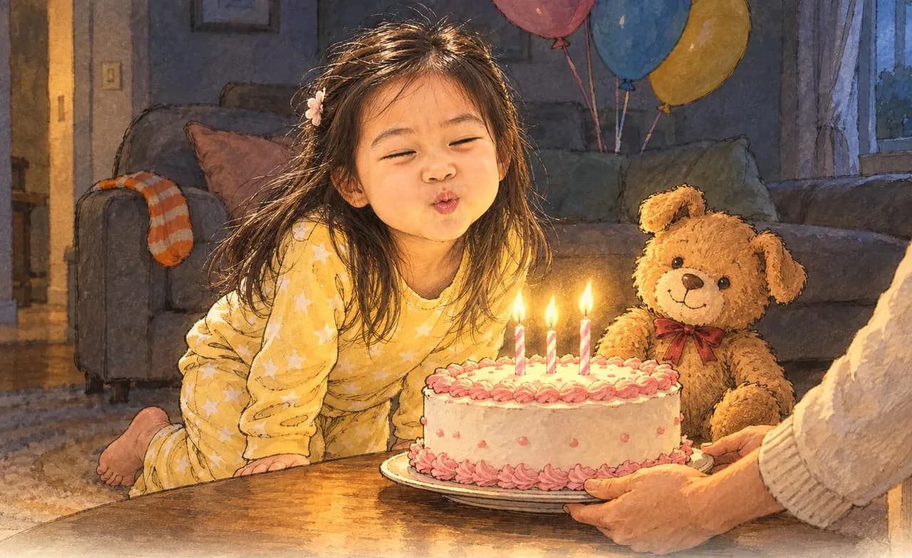 Rachel puffs out her cheeks to blow out three candles on her birthday cake, beside Pom the teddy