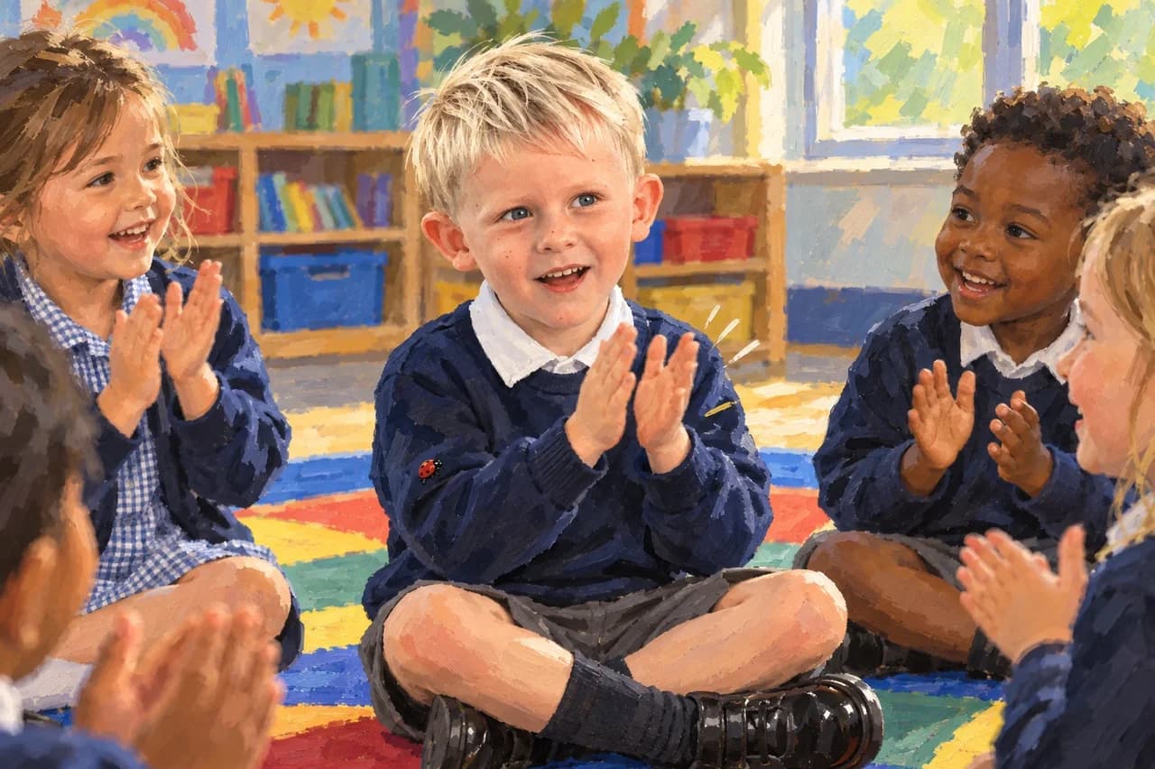 Aaron beams as he claps along with his new classmates on the classroom carpet