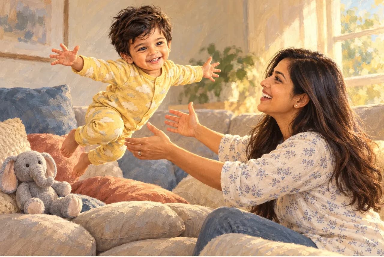 Anav leaps off the sofa cushions into his mum's open arms