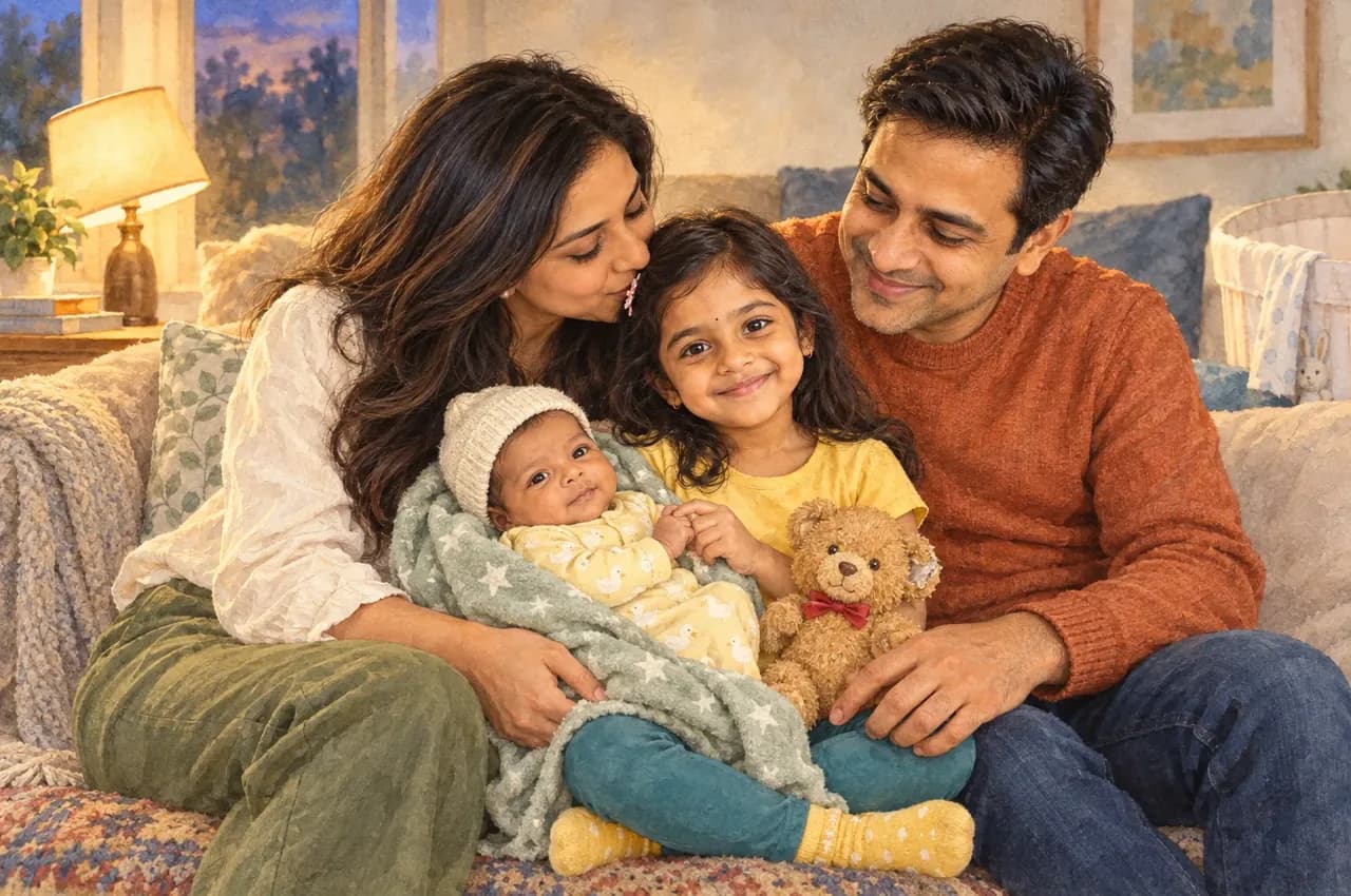 Pia on the sofa with her family and her new baby brother holding her finger