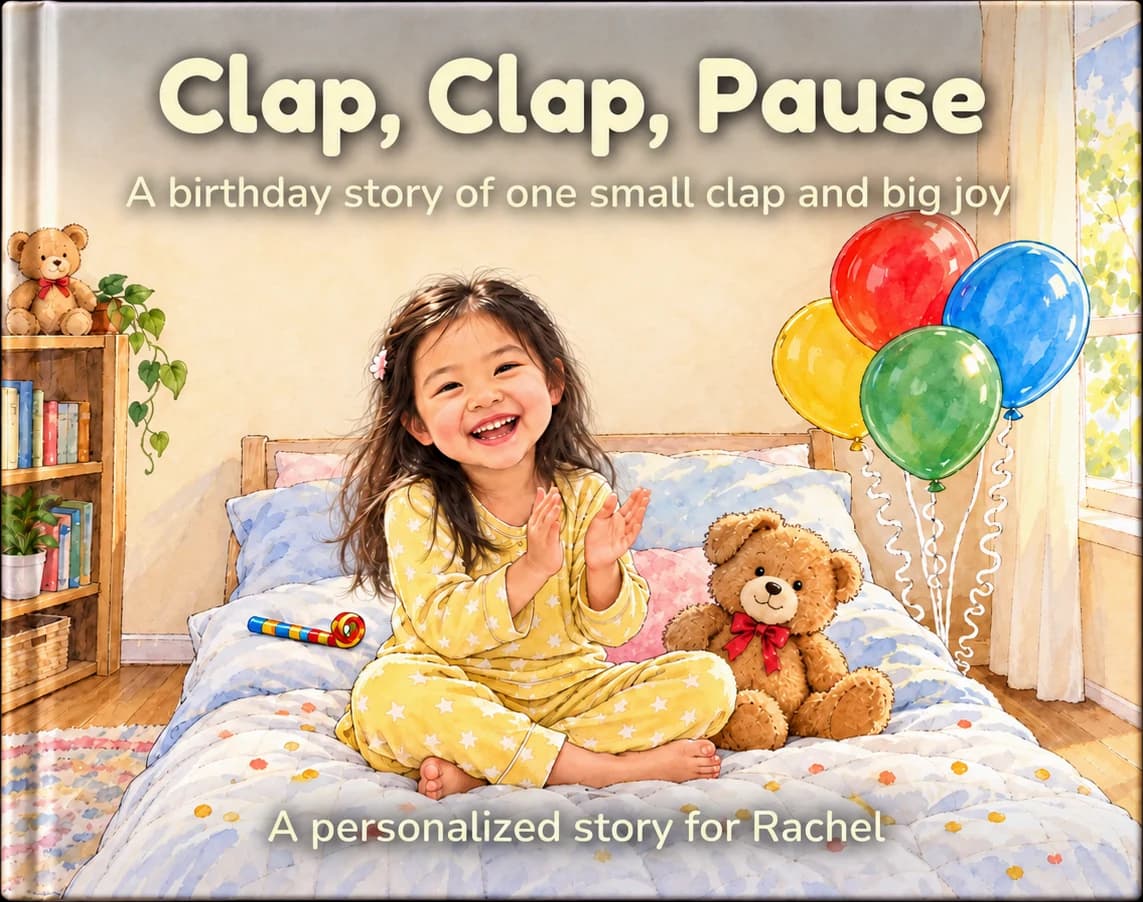 Clap, Clap, Pause as a hardcover picture book, seen straight on: Rachel sits on her bed clapping, beside her teddy Pom and a bunch of balloons
