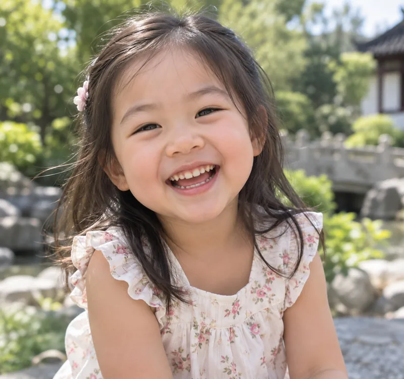 Photo of Rachel, a laughing three-year-old girl with long dark hair and a pink flower clip