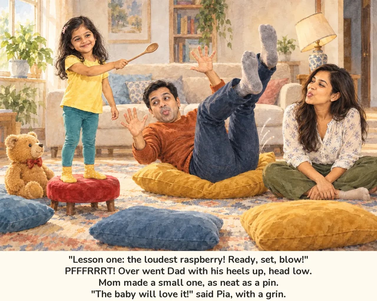 Dad topples backwards blowing a raspberry as Pia directs from her footstool and Mom laughs